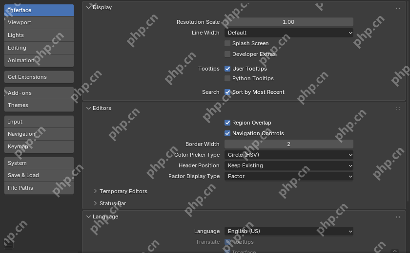 Blender Preferences 窗口左侧显示 Interface、Viewport、Themes、Keymap、System 等设置分类