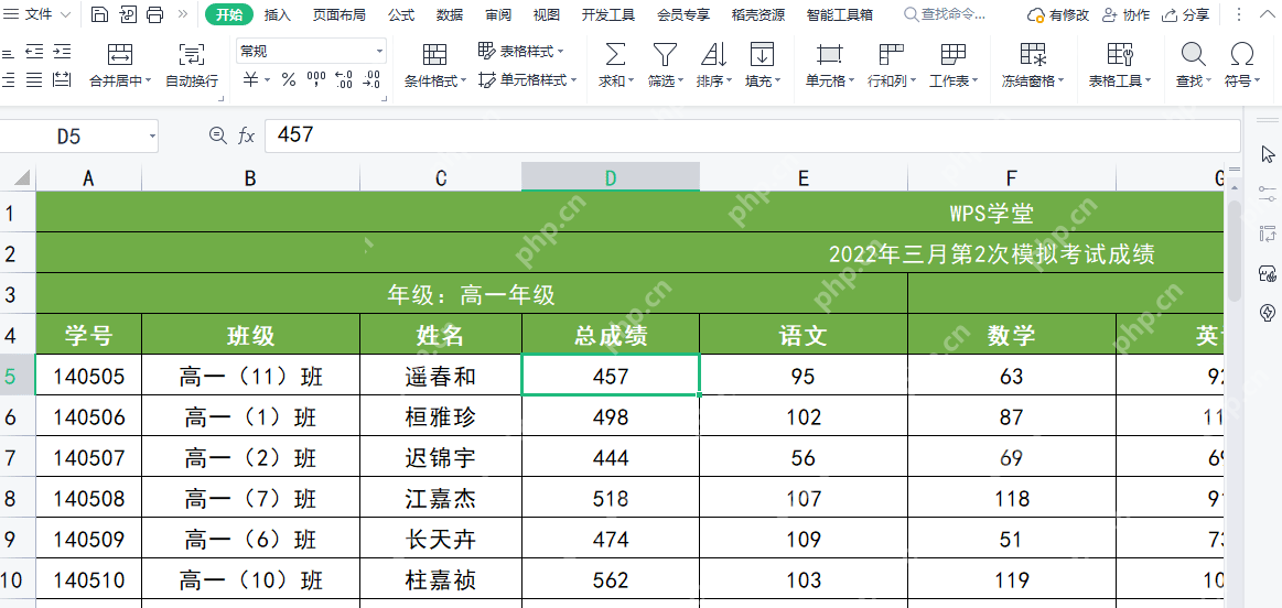 WPS表格中成绩表表头位于顶部准备设置冻结窗格