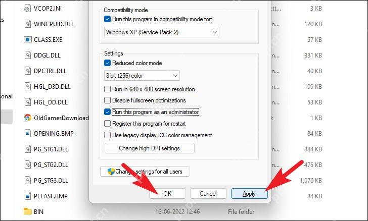 Windows 兼容性页同时勾选兼容模式和管理员运行后点击 OK