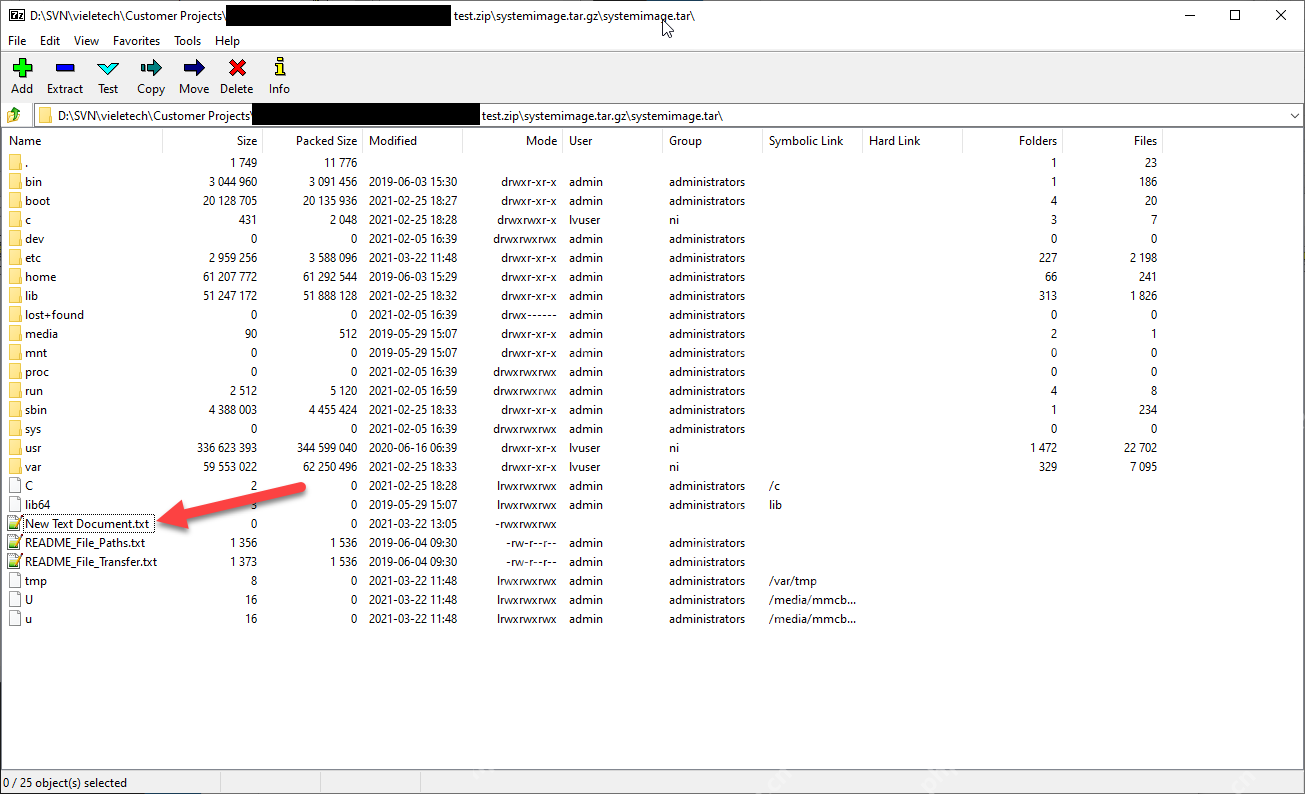 7-Zip 主窗口里已经继续打开到 tar.gz 内层 tar 的文件列表,证明解完第一层后还要再进一层看真正内容。