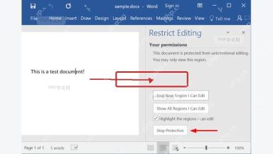 Word 限制编辑窗格中的 Stop Protection 按钮,用于解除编辑限制