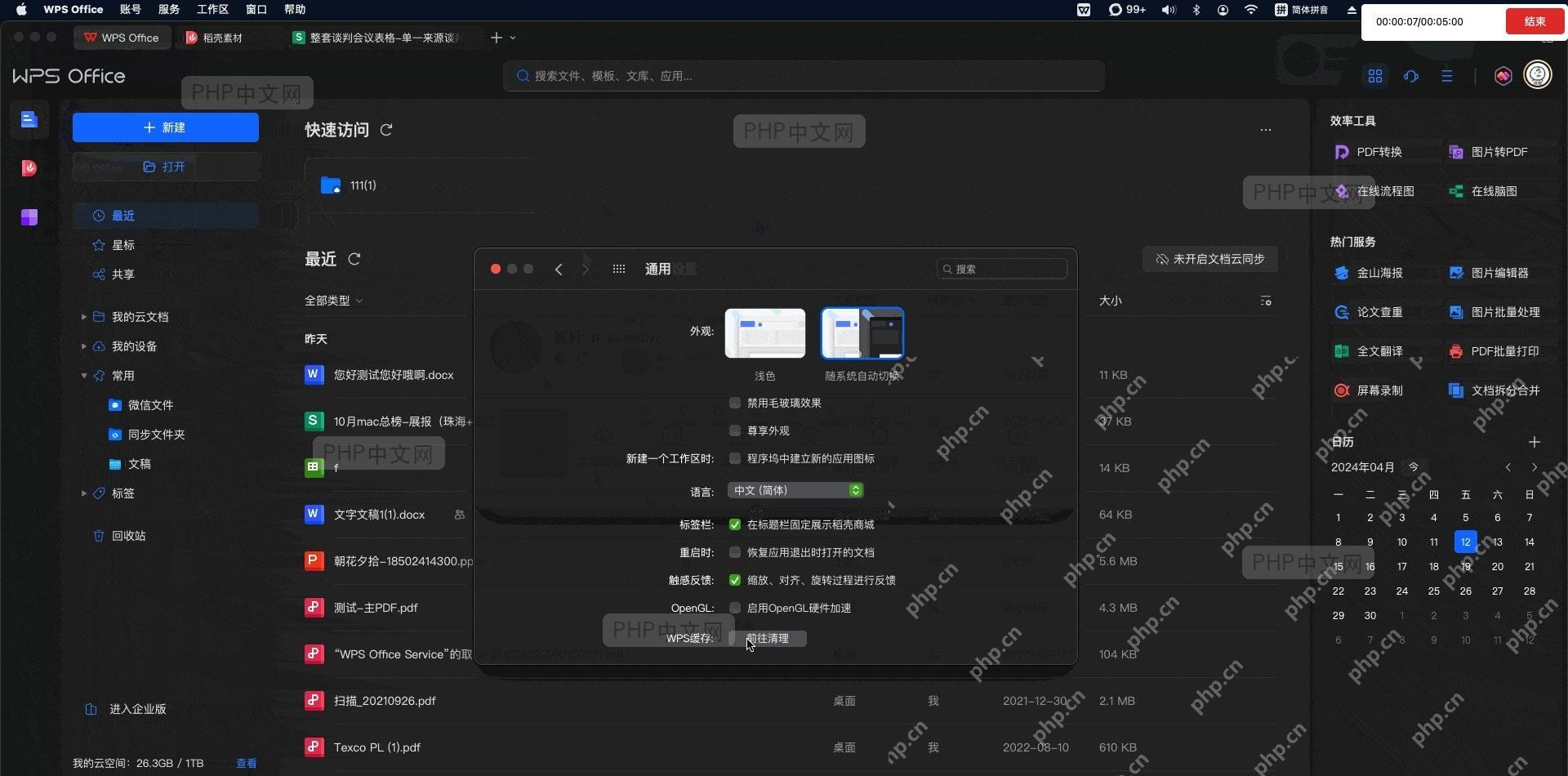 通用设置页面中‘WPS缓存’或‘前往清理’按钮的界面截图