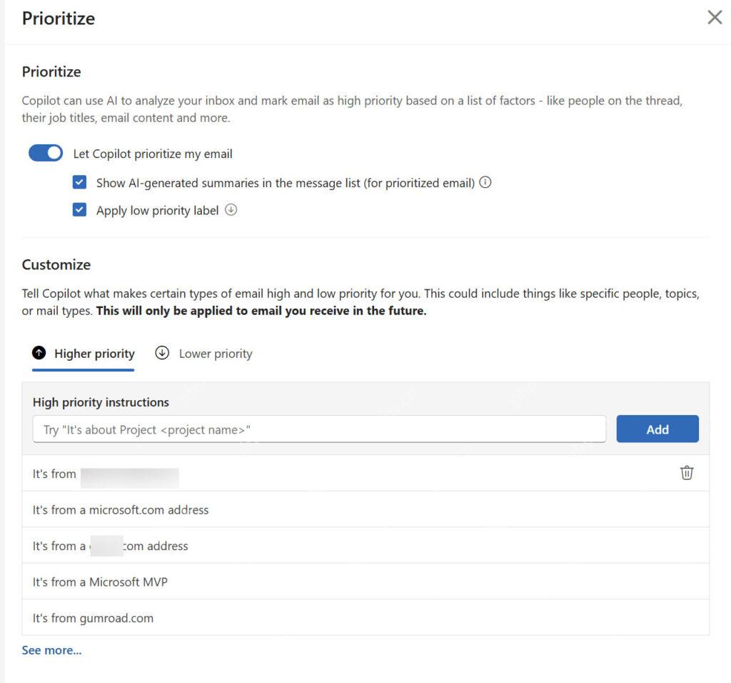 Outlook Prioritize 设置页显示 Let Copilot prioritize my email、摘要显示、低优先级标签和高低优先级说明