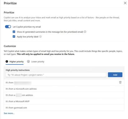 Outlook Prioritize 设置页显示 Let Copilot prioritize my email、摘要显示、低优先级标签和高低优先级说明