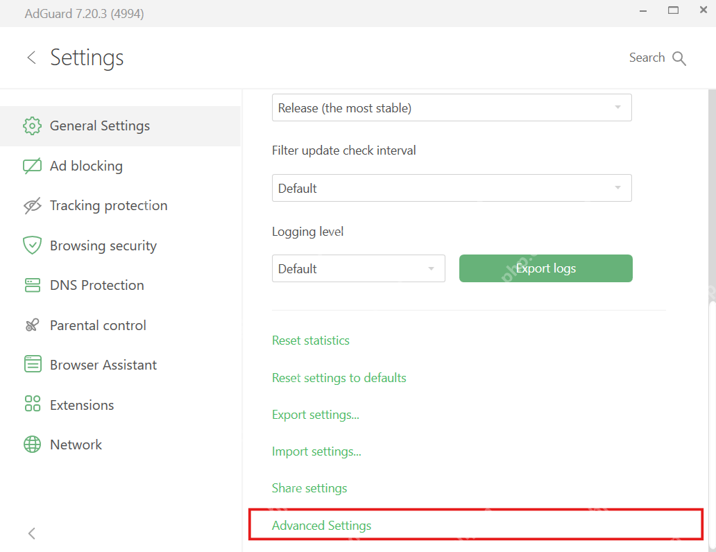 AdGuard Advanced Settings 页面中的启动过滤相关选项