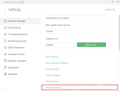 AdGuard Advanced Settings 页面中的启动过滤相关选项