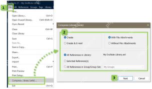 EndNote 21 Windows Compress Library 对话框选择 With File Attachments 和 All References