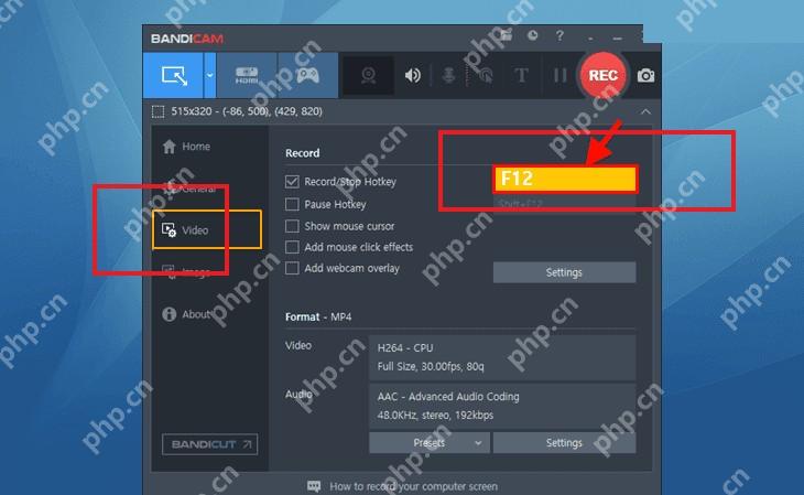 Bandicam Windows 录像设置页红框标出Record Stop Hotkey快捷键输入框