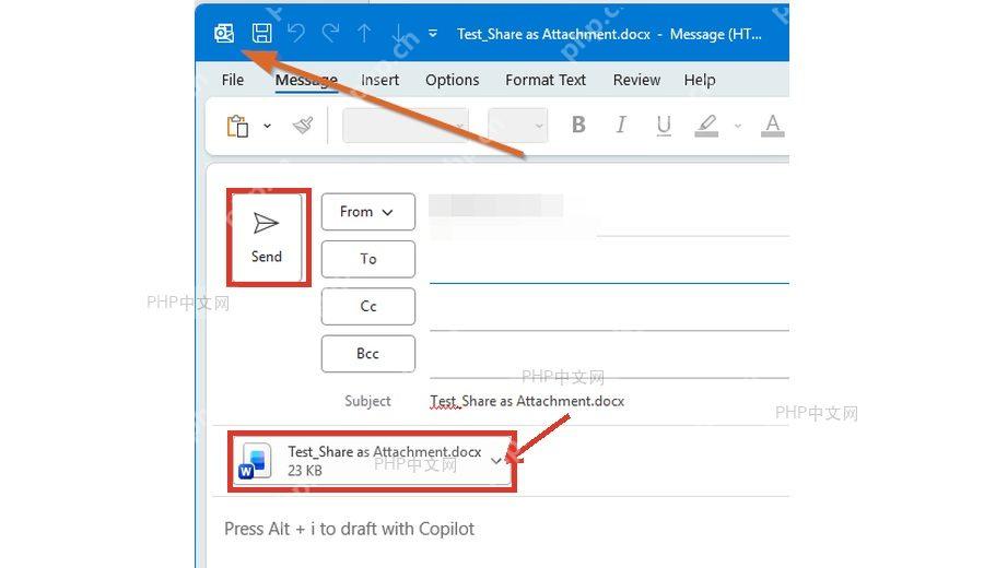Outlook 写信窗口中 Word 附件和发送按钮被标出,用于确认附件后发送邮件