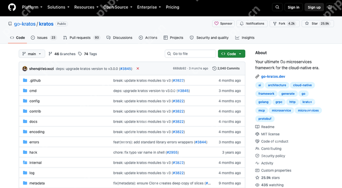 Kratos 官方 GitHub README 显示 v3 安装要求、CLI 路径和框架特性