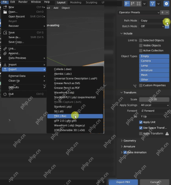 Blender FBX 导出面板中 Path Mode 为 Copy 并显示贴图嵌入按钮