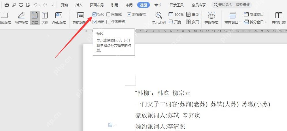 Word 视图选项卡中勾选标尺用于文字对齐