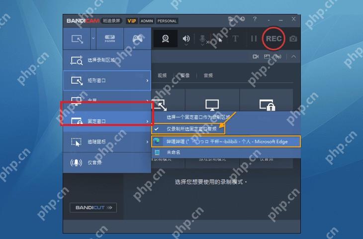 Bandicam Windows 主界面高亮固定窗口录制模式和应用程序窗口选择入口