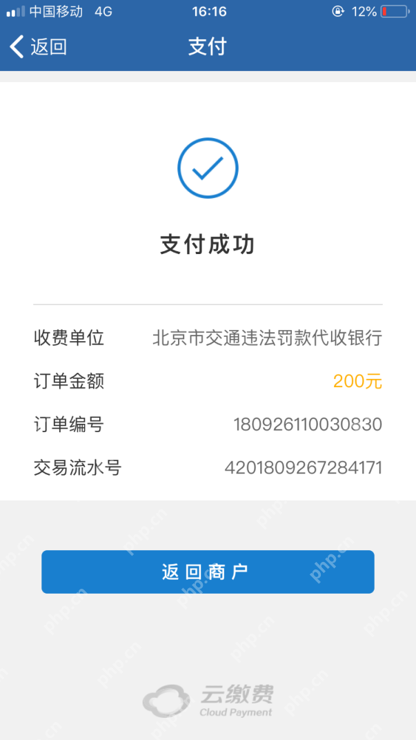 交管12123缴费支付成功页面
