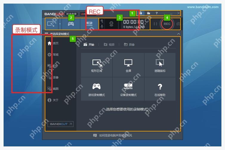 Bandicam 主窗口中检查录制模式和 REC 录制按钮