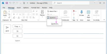 Outlook 新建邮件窗口功能区里的 Signature 签名按钮和 Signatures 入口