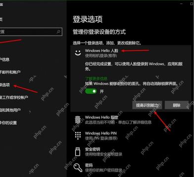 Windows登录选项中Windows Hello人脸识别区域显示设置和提高识别能力按钮