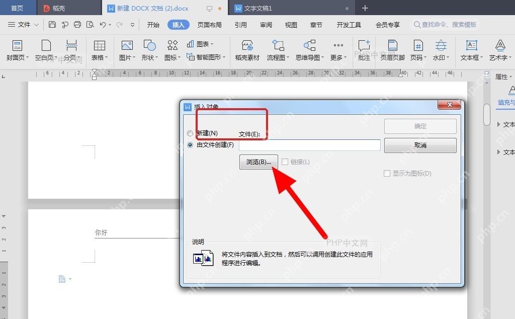 WPS文字对象窗口中选择由文件创建并准备浏览PDF文件