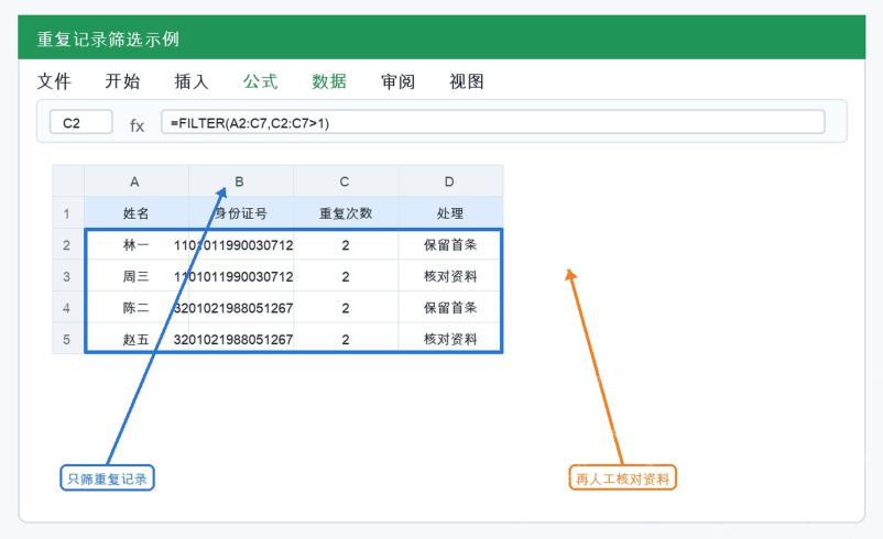 Excel 筛选重复身份证记录示例