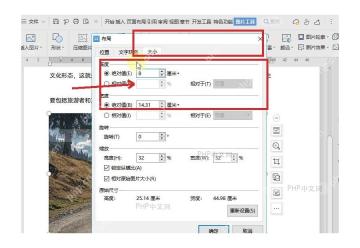 WPS 图形大小设置窗口中宽度和高度输入框被标出,用于精确调整图形尺寸