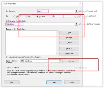 Excel Solver Parameters 窗口中设置目标值和可变单元格范围,用于自动凑目标和