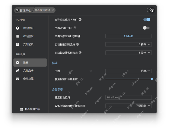 Windows 版 uTools 设置页显示允许启动应用文件等全局选项,证明想用关键词打开系统设置前,应先确认主搜索框被允许拉起应用和系统设置项。
