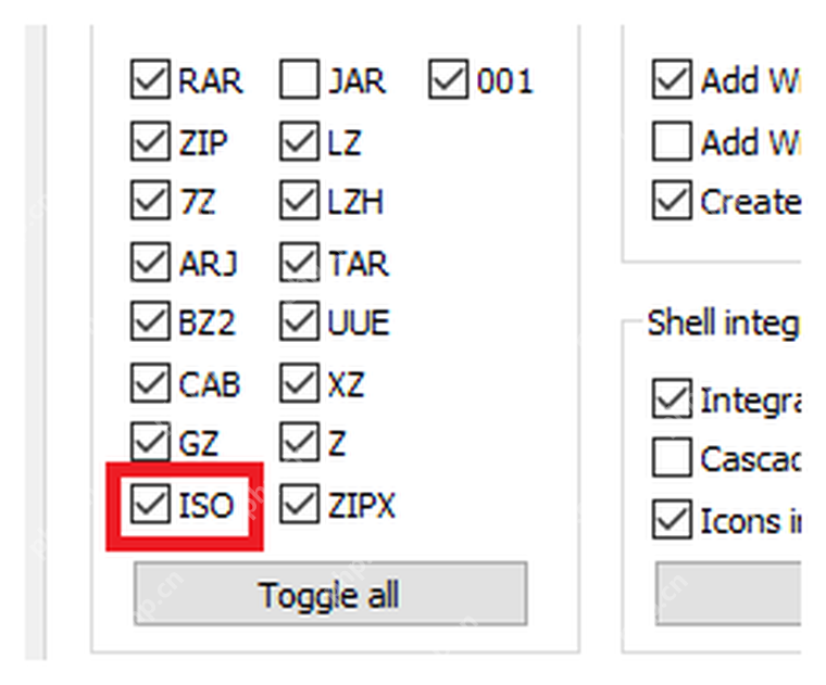 WinRAR Integration 文件格式列表里能看到 ISO 选项,对应确认 ISO 属于可关联格式。