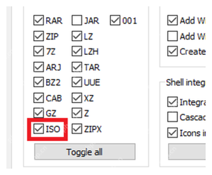 WinRAR Integration 文件格式列表里能看到 ISO 选项,对应确认 ISO 属于可关联格式。
