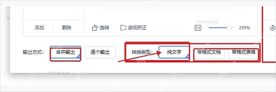WPS图片转文字窗口底部输出方式和转换类型选项