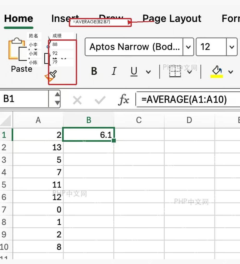 Excel 公式栏中输入等于 AVERAGE B2 到 B7 的平均值公式