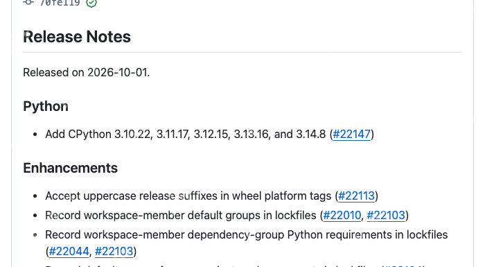 uv 0.12.22 发布说明列出 CPython 3.10 至 3.14 的补丁版本