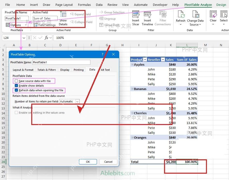 Excel 数据透视表选项中取消保存源数据缓存