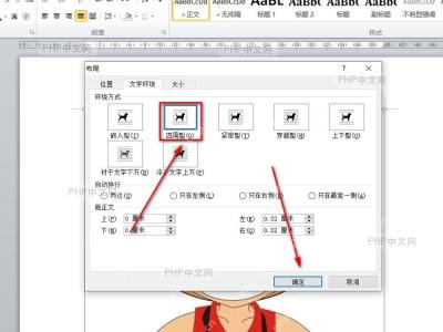 Word 布局窗口中选择四周型文字环绕