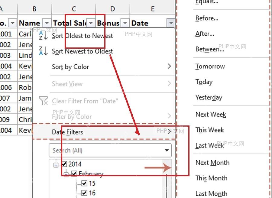 Excel 列筛选菜单中选择清除筛选恢复全部数据