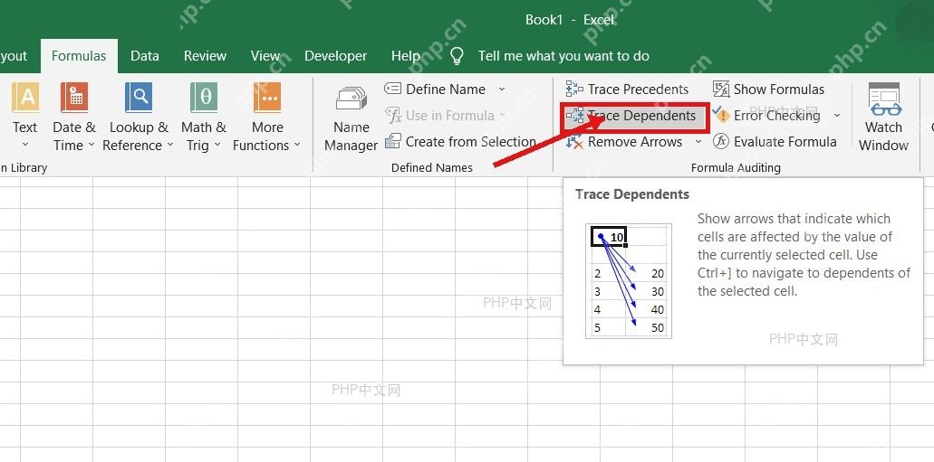Excel 公式选项卡中公式审核区域的 Trace Dependents 追踪从属单元格按钮