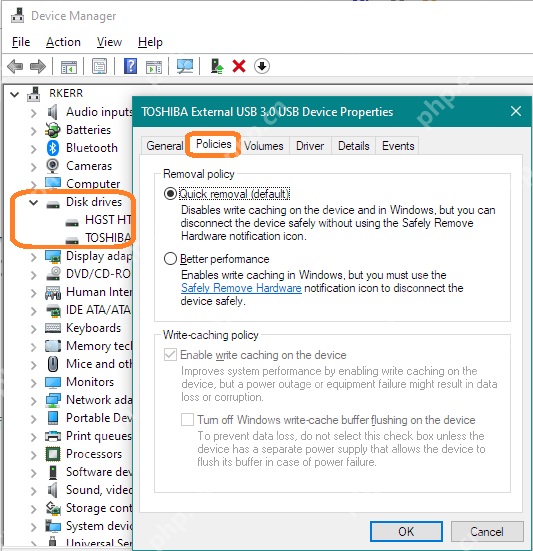 Windows 设备管理器中展开 Disk drives 并打开磁盘属性 Policies 页