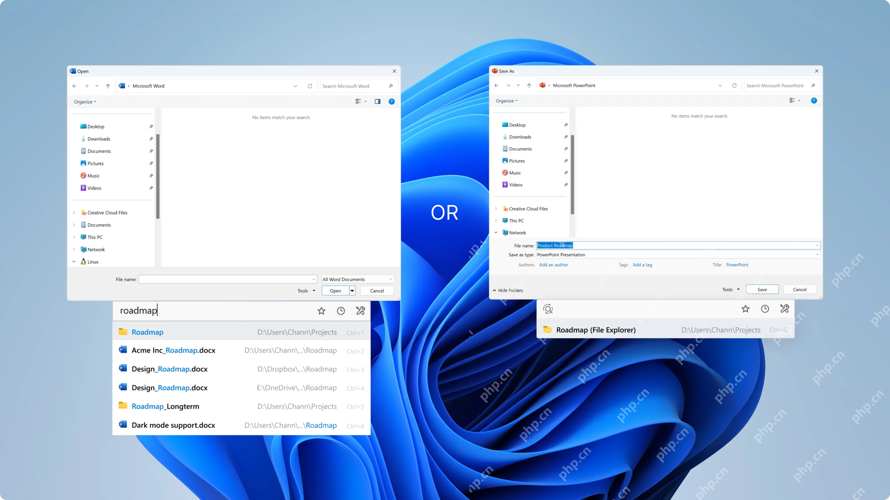 Windows 文件打开对话框下方出现 Listary Quick Switch 搜索栏和推荐文件夹区域,证明 Listary 更适合在打开保存场景里快速切换路径。
