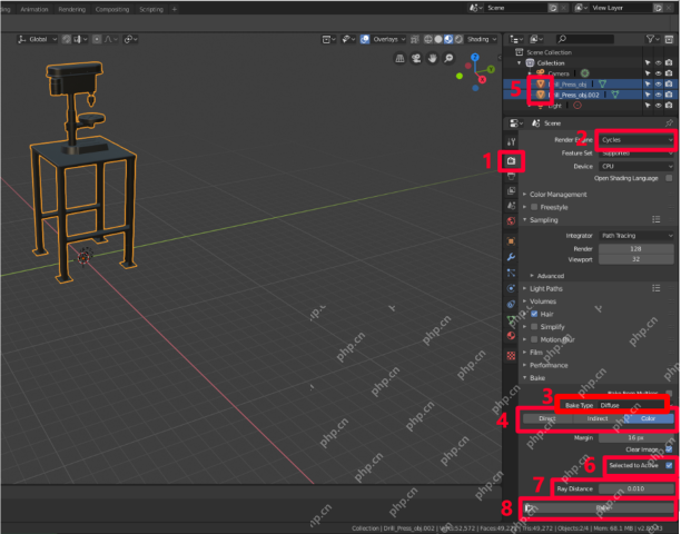 Blender Render Properties 中 Bake 面板显示 Bake Type、Margin、Selected to Active 和 Bake 按钮