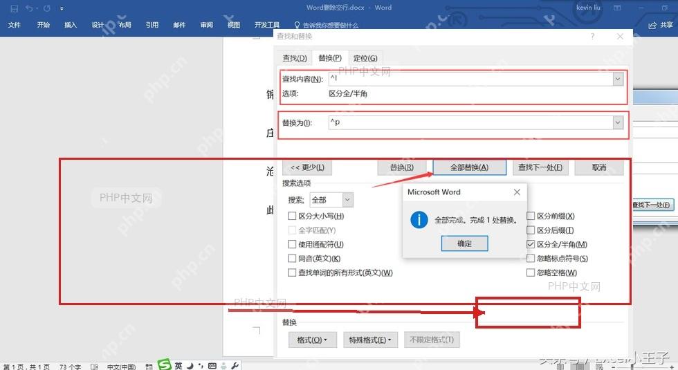 Word 全部替换完成提示和被处理的文档正文区域