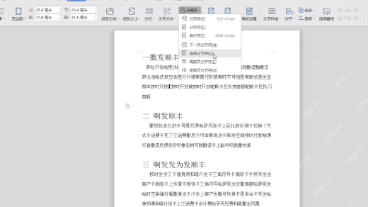 Word 插入连续分节符让上下内容分开设置