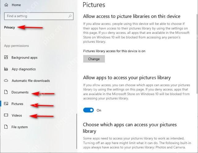 Win10 Privacy 页面左侧选择 Pictures 图片权限入口