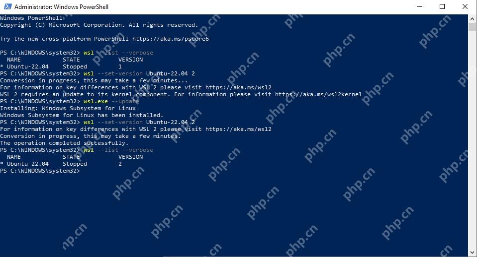 PowerShell 中执行 wsl set version 并复查发行版版本