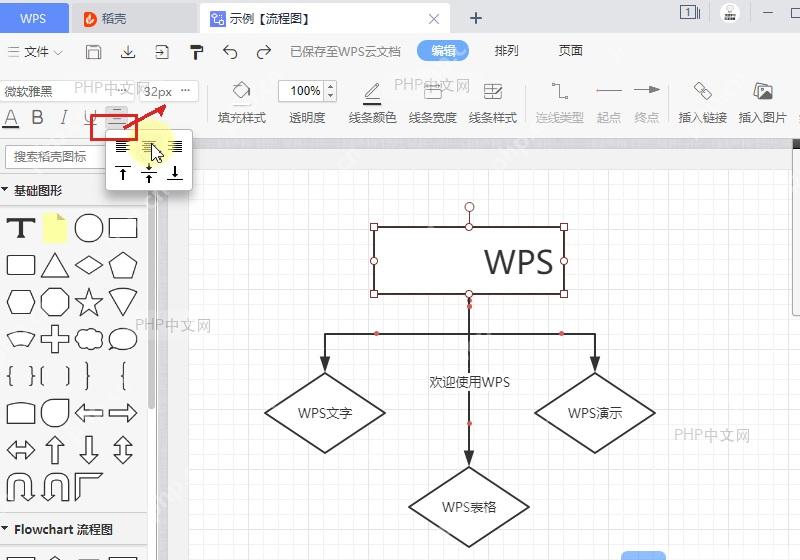 WPS流程图对齐菜单中点击居中对齐选项
