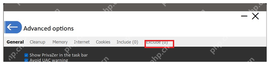 PrivaZer Advanced options 顶部显示 Include 和 Exclude 标签。