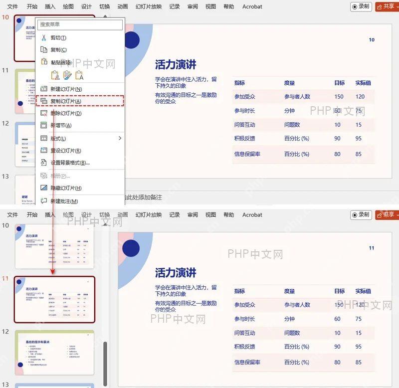 在 PPT 左侧缩略图栏选中要复制的幻灯片