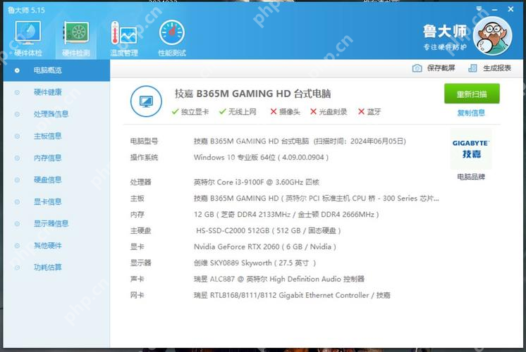 Windows 中文鲁大师总览页显示 Nvidia GeForce RTX 2060 独立显卡和整机配置，证明回滚显卡驱动前要先确认目标显卡型号。