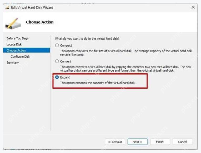Hyper-V Edit Virtual Hard Disk Wizard 中选择 Expand 操作