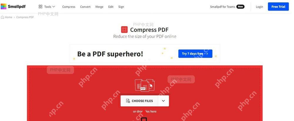 Smallpdf Compress PDF 页面红色上传区,CHOOSE FILES 按钮被红框标出,服务于上传 PDF 文件步骤