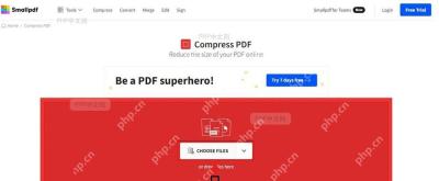 Smallpdf Compress PDF 页面红色上传区，CHOOSE FILES 按钮被红框标出，服务于上传 PDF 文件步骤