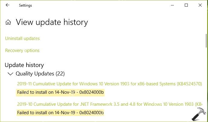 Win10 更新历史记录中质量更新失败并显示 0x8024000b 错误代码